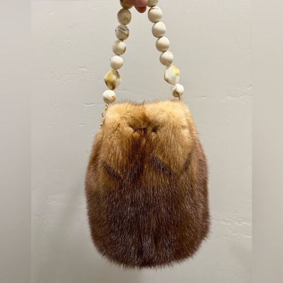 Brown Gradient Real Mink Fur Handmade Drawstring Bucket Bag Includes 2 Straps - Picture 13 of 16